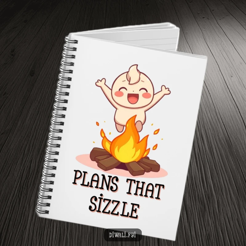 Funny notebook featuring a happy character leaping over a small bonfire, perfect for journaling adventures and inspired ideas with a humorous touch.