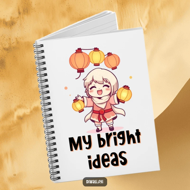Funny notebook with a delighted character juggling glowing lanterns, ideal for recording bright ideas and inspirations.
