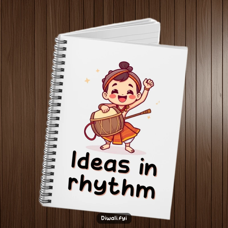 Funny notebook with a jubilant character energetically playing a dhol drum, perfect for music notes.