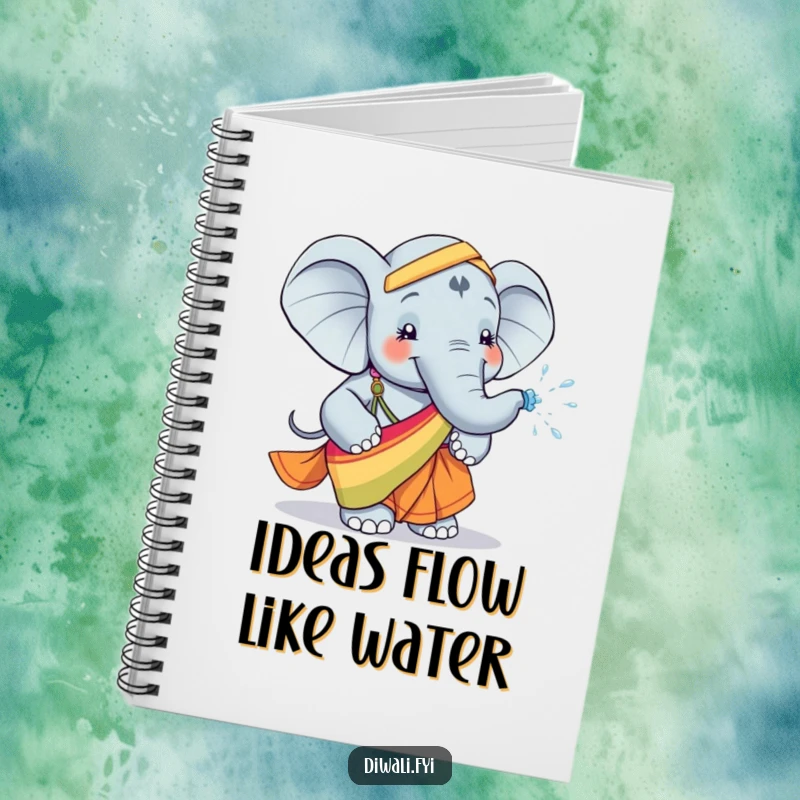 Funny notebook adorned with a happy elephant wearing a colorful sari, playfully spraying water, inspiring fun thoughts and creative ideas.