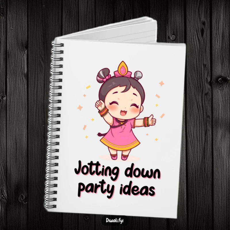 Funny notebook with a small character featuring festive bangles and striking a celebratory pose, perfect for notes.