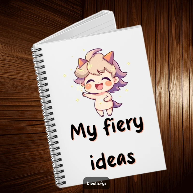 Funny joyful character with a fiery aura spinning a sparkler on a notebook, inspiring creative thoughts and celebratory writing.