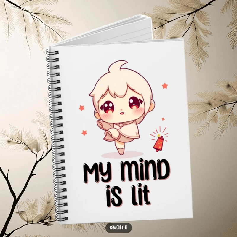 Funny notebook cover with a wide-eyed character playfully kicking a small firecracker, symbolizing bold ideas and fun notes.