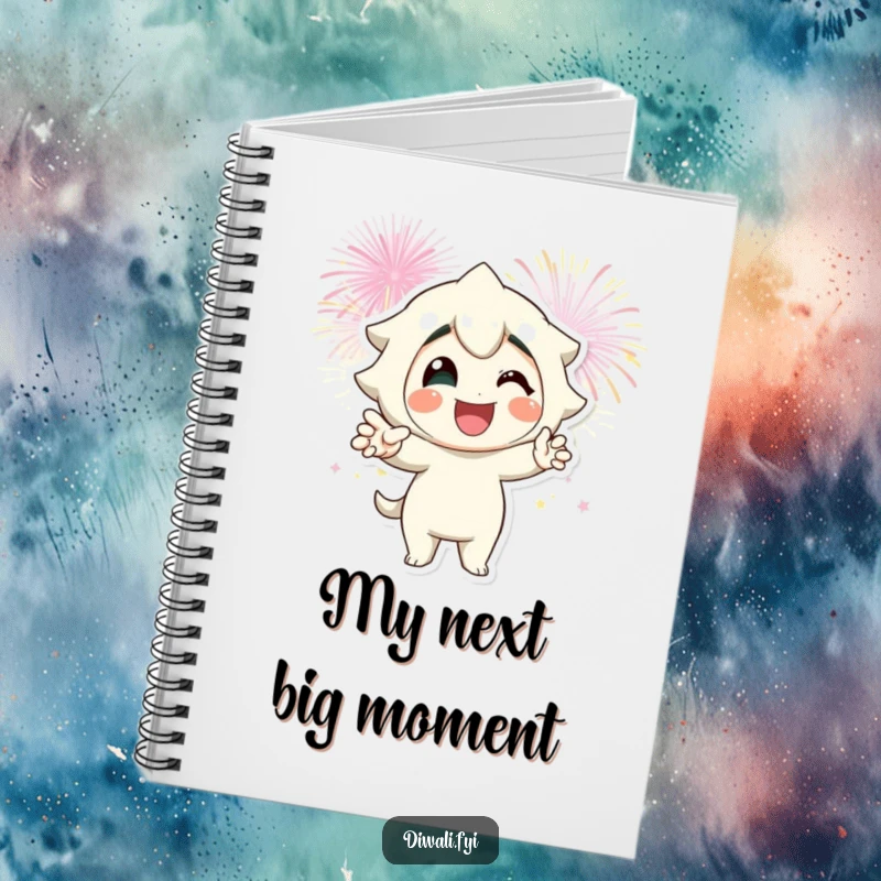 Funny fireworks pose notebook with a smiling character striking a pose against fireworks, perfect for jotting down grand ideas.