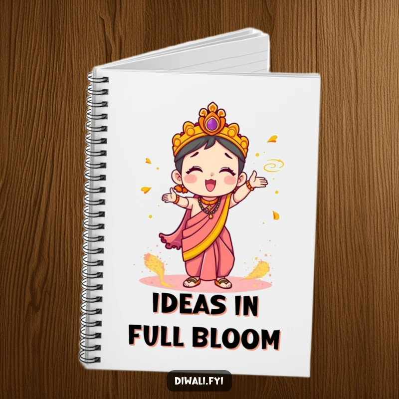 Funny Notebook: Cute character in a festive sari enthusiastically tossing colorful Holi powder, perfect for journaling adventures.