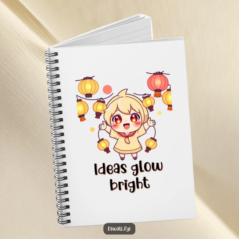 Funny notebook with a playful character with excited eyes, juggling glowing lanterns, perfect for creative notes.