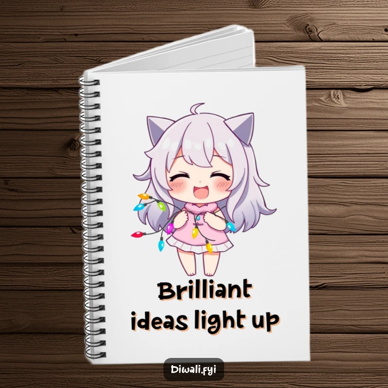 Funny notebook with a character’s joyful smirk, playfully interacting with a string of colorful lights, perfect for journaling.