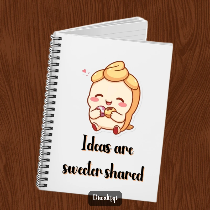 Funny notebook with a giggling sweet pastry character sharing a small treat, ideal for jotting down notes with a cheerful touch.