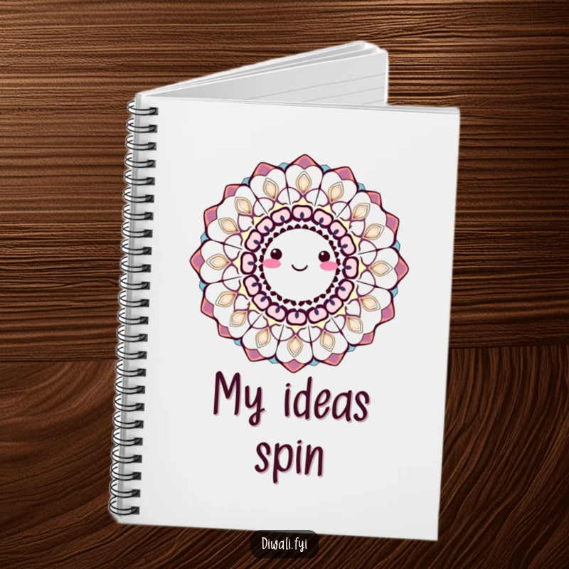 A smiling, spinning rangoli pattern in bright colors, humorously designed for jotting down creative ideas.