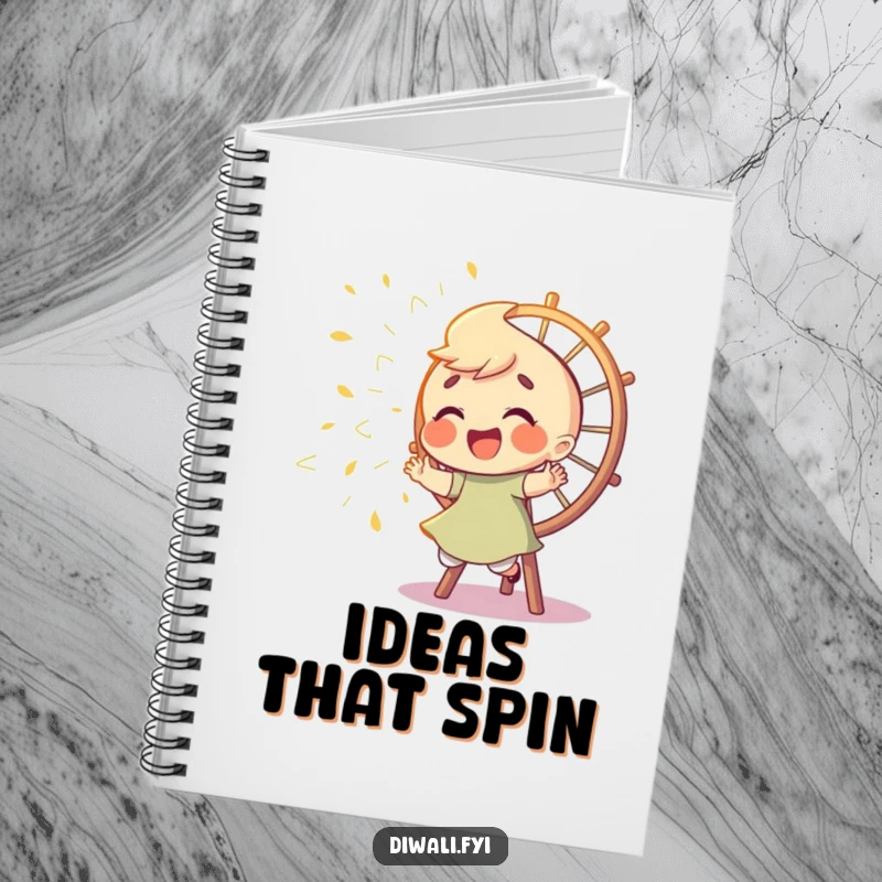 Funny notebook featuring a giggling character playfully chasing sparks from a Catherine wheel, perfect for jotting down ideas with a theme of energetic fun.