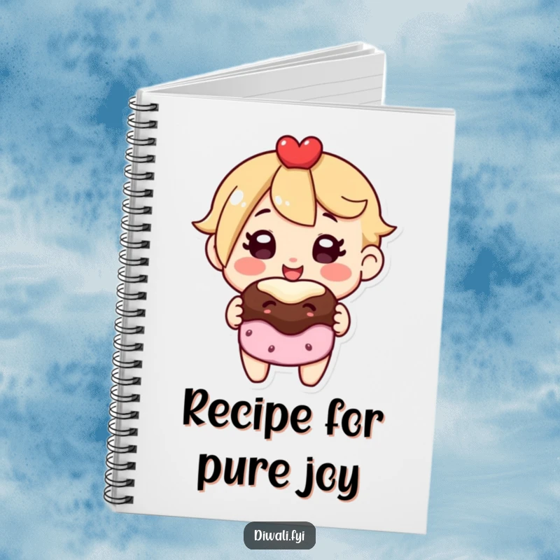 Funny notebook with a character’s beaming smile offering a sweet treat, designed for capturing thoughts with joy.