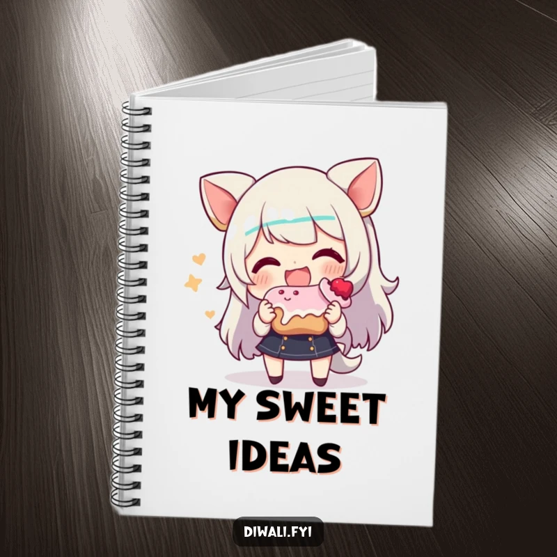 Funny notebook cover with a character smiling warmly, offering a sweet treat, inspiring kindness and creativity.