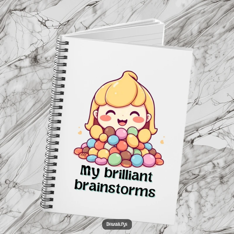 Funny notebook with a happy character and a generous grin, offering a heap of sweets.