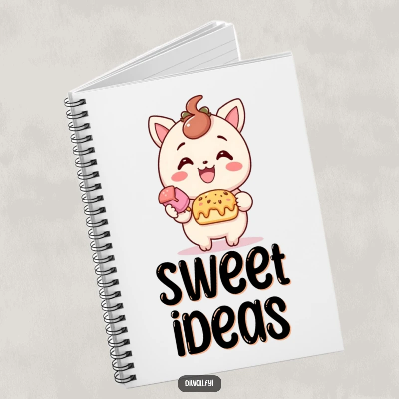Funny treat offering notebook, delighted character offering sweet treat with smile, cheerful journal, sweet writing gift.