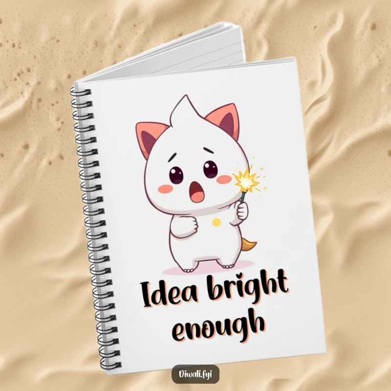 Funny notebook with a surprised character holding a small, glowing sparkler, inspiring creative and humorous note-taking.