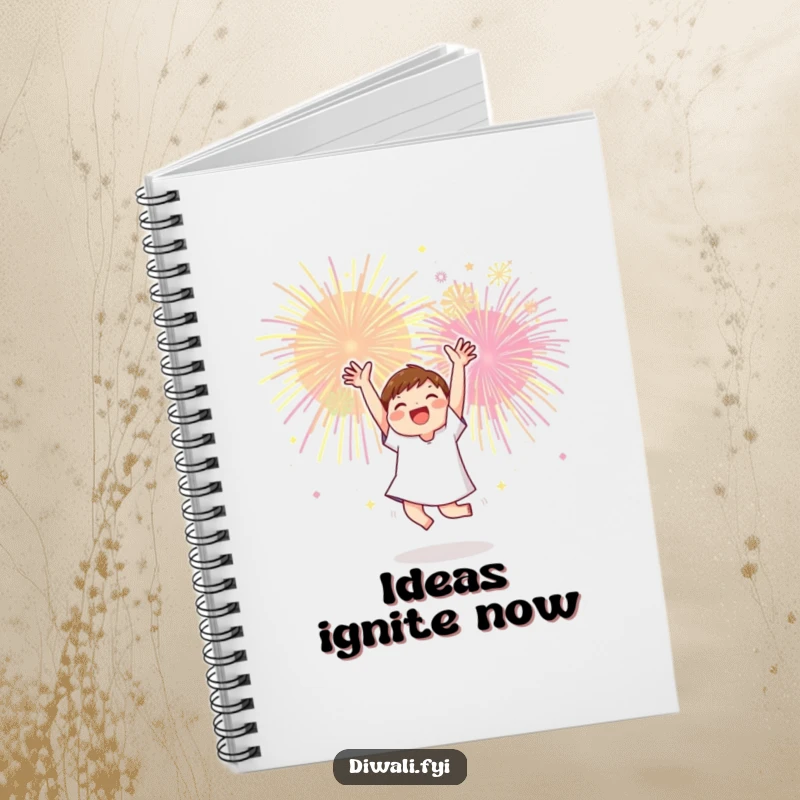 Funny notebook featuring a character dancing energetically with arms raised towards colorful fireworks, ideal for journaling.