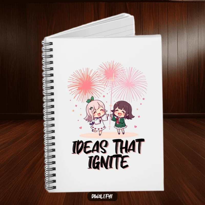 Funny notebook showcasing a cheerful character and friend experiencing the magic of fireworks, perfect for jotting down notes with a dose of celebratory cheer.