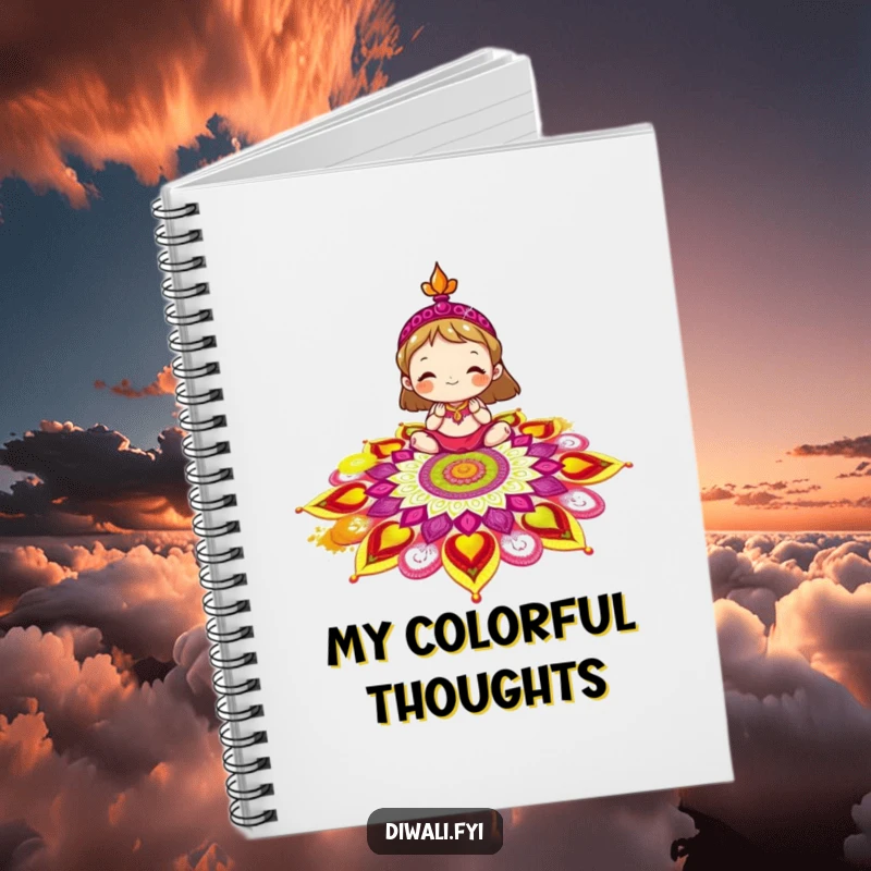 Funny rangoli notebook design featuring a delighted character decorating a colorful rangoli pattern, inspiring your creative thoughts.