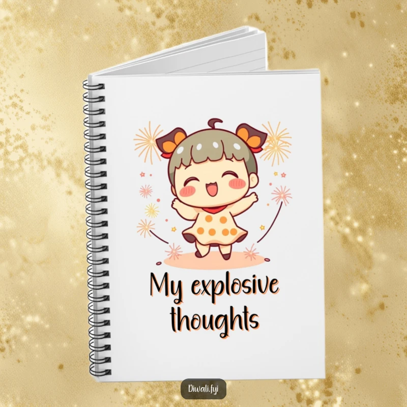 Funny notebook with a playful character dancing with small firecrackers, ideal for capturing energetic thoughts and creative ideas.