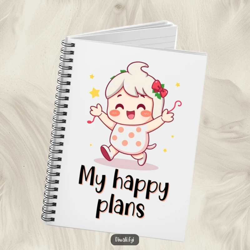 Funny notebook cover with a character doing a happy shuffle dance surrounded by festive decorations, inspiring joyful planning.