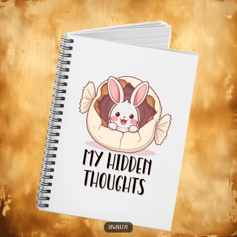 Funny notebook cover featuring a surprised bunny peeking out from a large, cracked sweet wrapper, perfect for amusing note-taking.