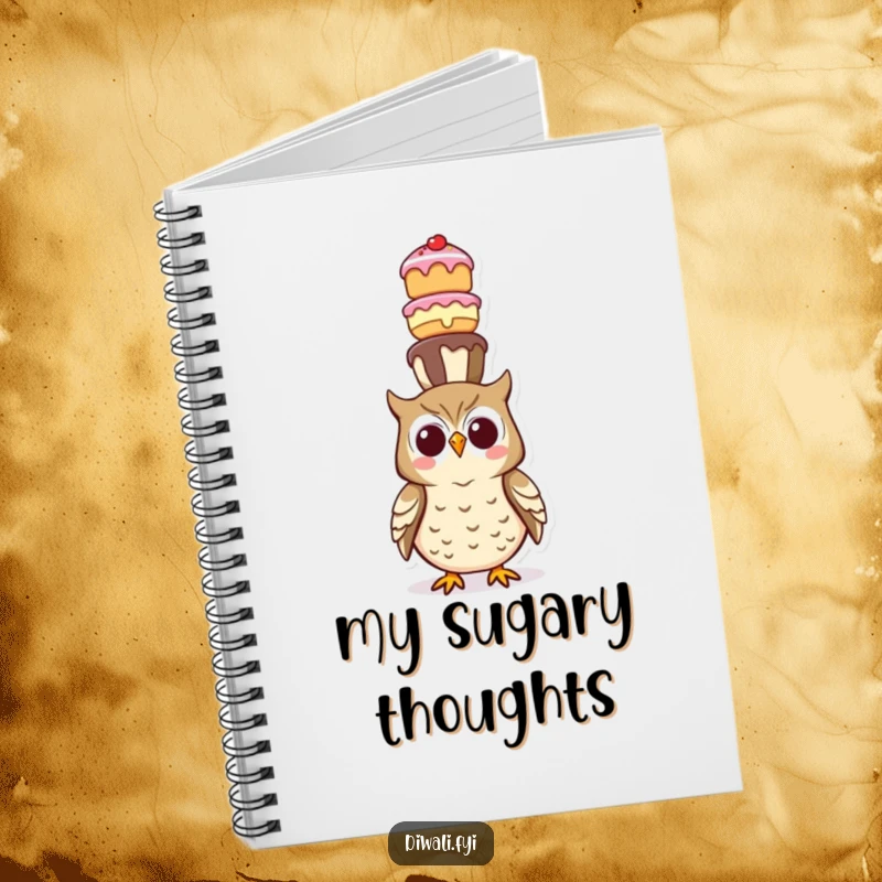 Funny notebook cover featuring a happy owl balancing a tall, precarious tower of assorted sweet treats on its head.