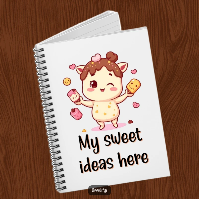 Funny notebook showcasing a character juggling mithai, providing a joyful space for writing, recipes, and sweet inspirations.