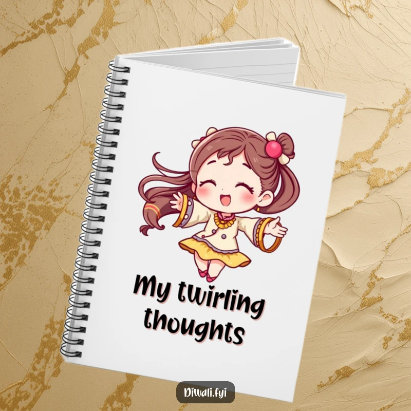 Funny notebook cover featuring a character twirling with festive bangles, inspiring notes filled with joy and celebration.