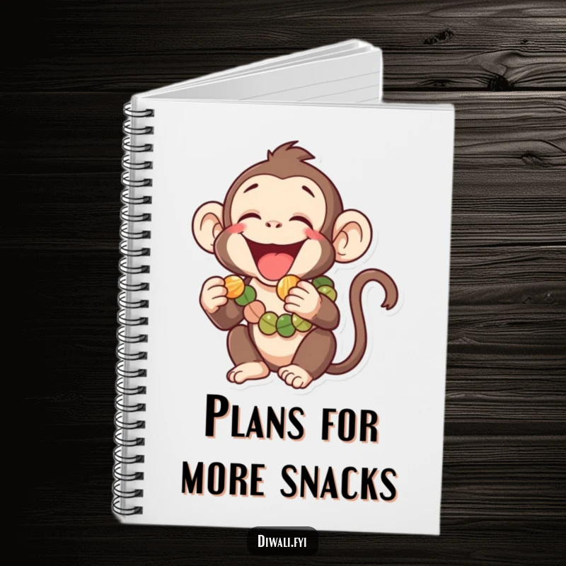 Funny notebook adorned with a laughing monkey wearing a garland, playfully reaching for a tiny sweet, inspiring fun thoughts and creative ideas.