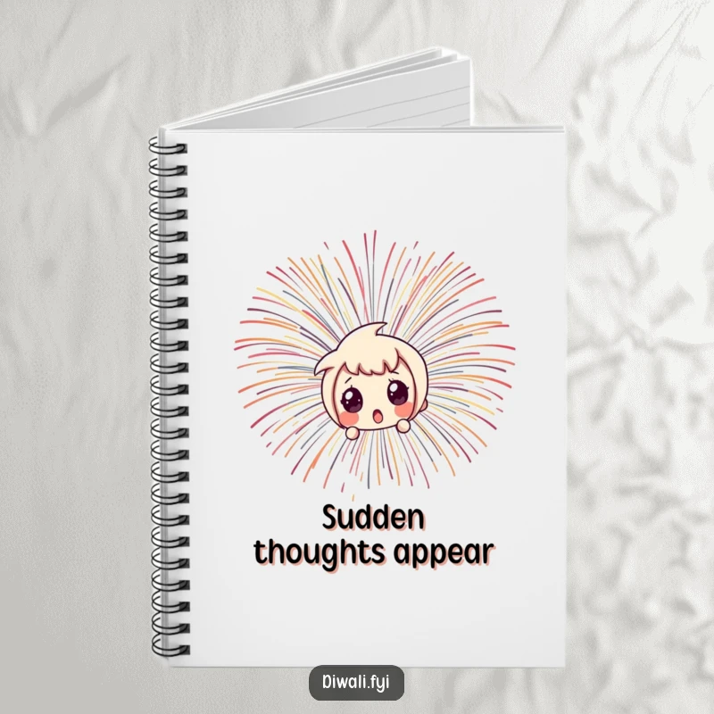 Funny character peeking with wide eyes from behind a fireworks burst, perfect for jotting surprised thoughts.