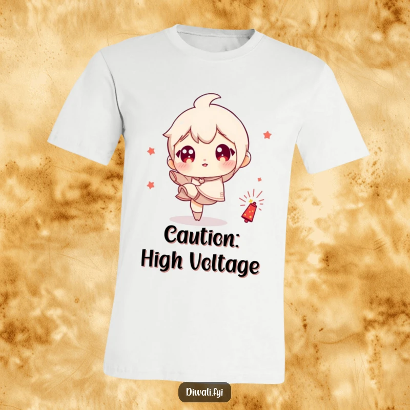 Funny t-shirt depicting a character with exaggerated wide eyes, about to playfully kick a small, fizzing firecracker.