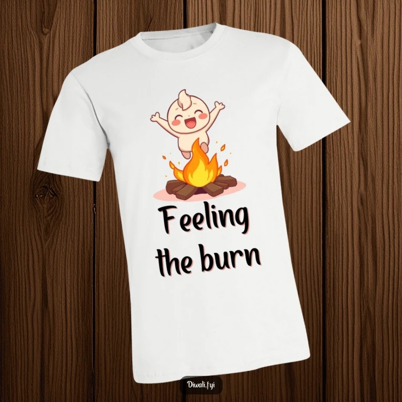 Funny t-shirt featuring a happy character mid-air, laughing as they energetically leap over a small bonfire, celebrating daring and joy.