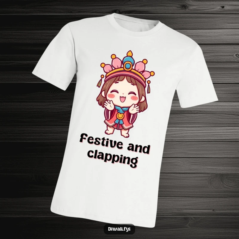Funny Celebration T-Shirt: A happy character wearing a colorful festive headdress claps hands with glee, showcasing a humorous and festive spirit.