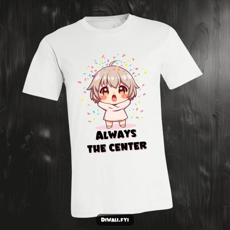 Funny t-shirt showing a character with a comically surprised expression as a vibrant explosion of confetti rains down.