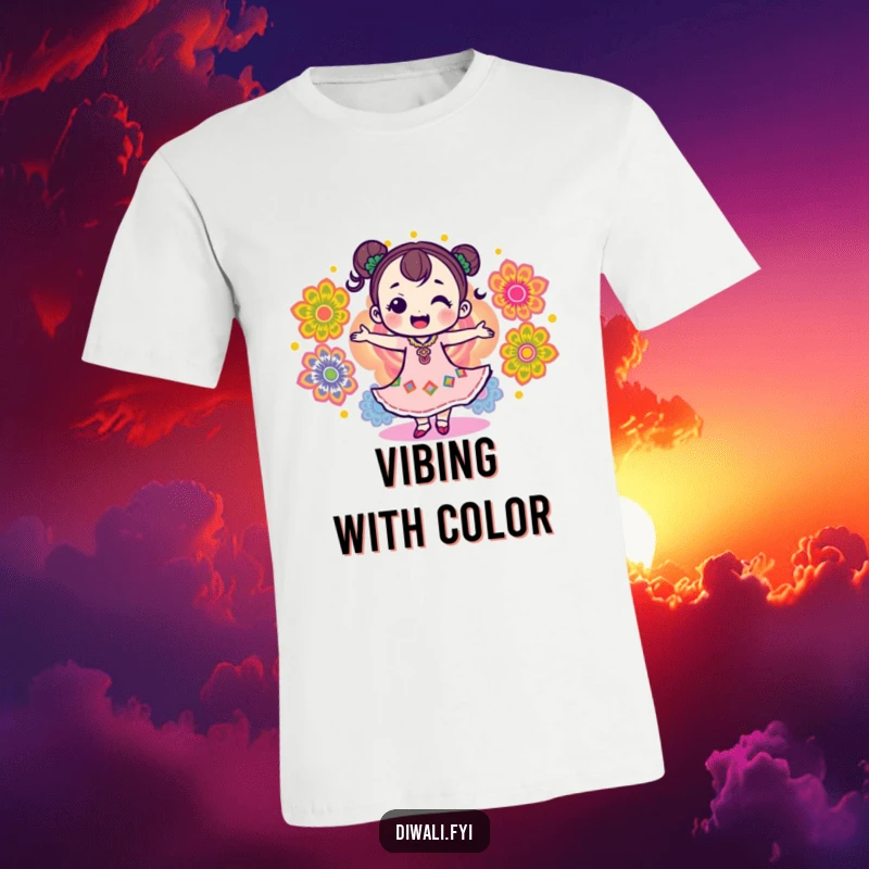 Funny T-shirt of a delighted character dancing energetically with colorful rangoli patterns, a pure expression of joy.