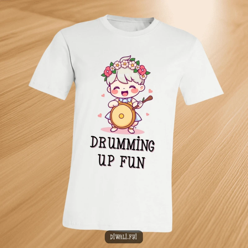 Funny T-Shirt: Delighted character adorned with a flower garland, energetically playing a drum with a happy expression.