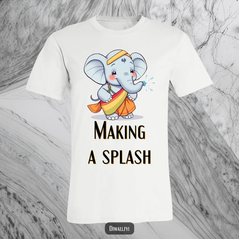 Funny t-shirt featuring a happy elephant wearing a colorful sari, playfully spraying water with its trunk, radiating pure, unadulterated joy.