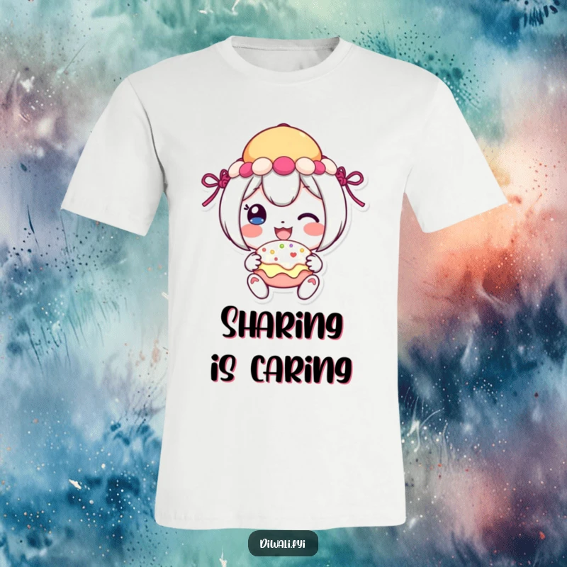 Funny festive sweet t-shirt with a cheerful character sharing a sweet treat with a happy smile.