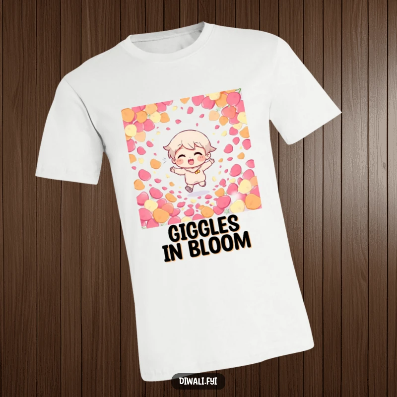 Funny Giggling Character T-Shirt: A character giggles with delight as they run through a playful shower of multicolored flower petals, expressing pure happiness.
