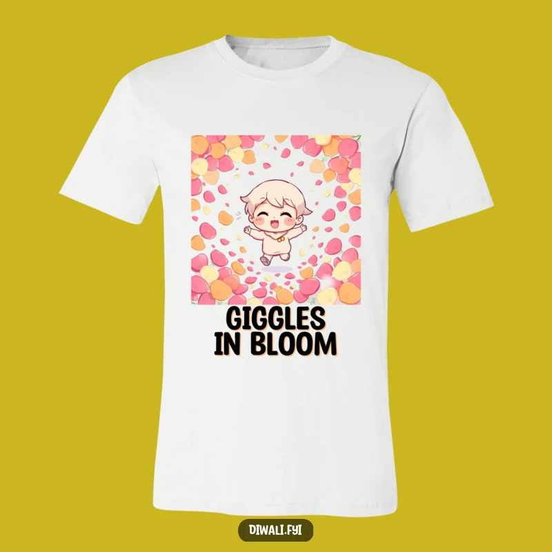 Funny Giggling Character Petal T-Shirt: Giggling character running through petals, a fun and funny gift.