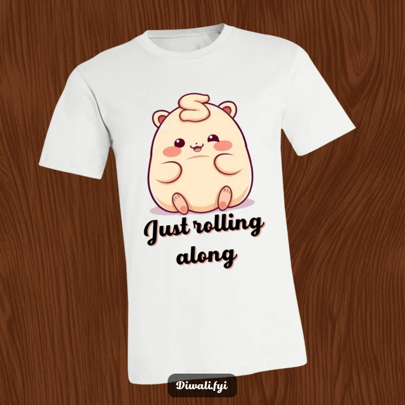 Funny t-shirt with a plump, giggling ladoo character depicted in a playful rolling motion, full of sweet mischief.