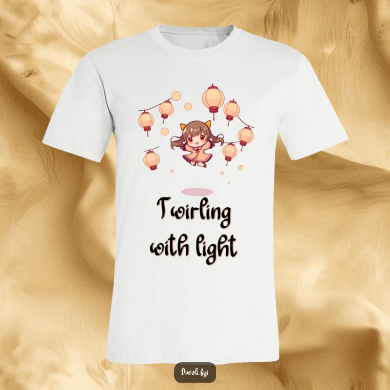 Funny t-shirt, character playfully jumping and twirling, amidst floating lanterns, whimsical and enchanting apparel.