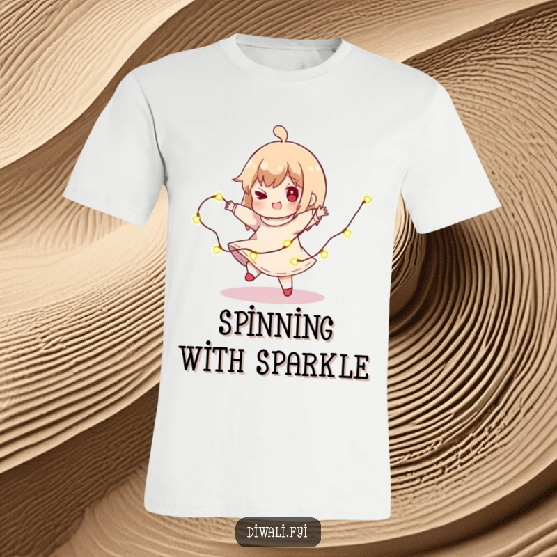 Funny Light Spin T-Shirt: A character playfully spins with a string of lights, showcasing energetic fun and festive cheer.