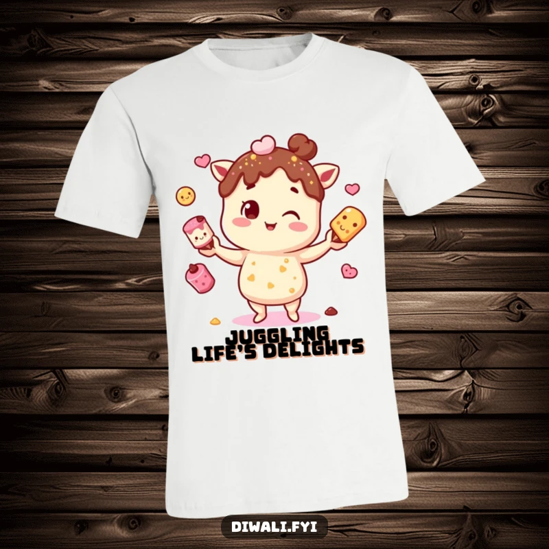 Funny t-shirt depicting a playful character juggling assorted mithai, perfect for anyone who adores sweet Indian confections.