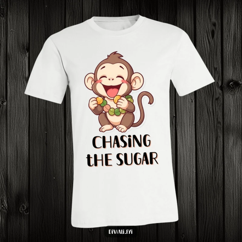 Funny t-shirt featuring a laughing monkey wearing a colorful garland, playfully reaching for a tiny sweet, radiating pure mischievous joy.