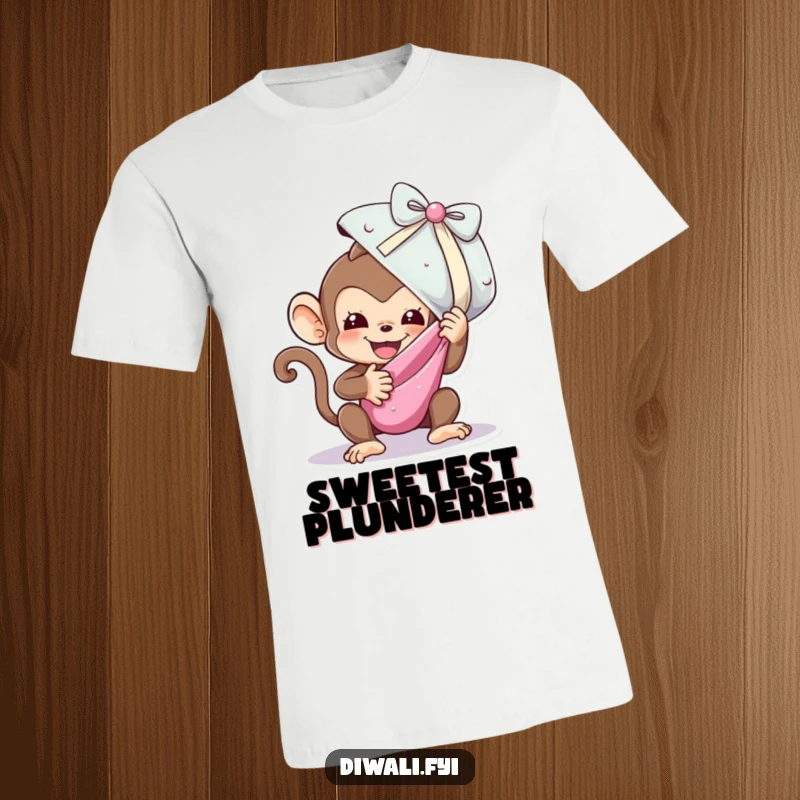 Funny t-shirt depicting a lively monkey eagerly unwrapping a giant, shimmering sweet, full of joyous anticipation.
