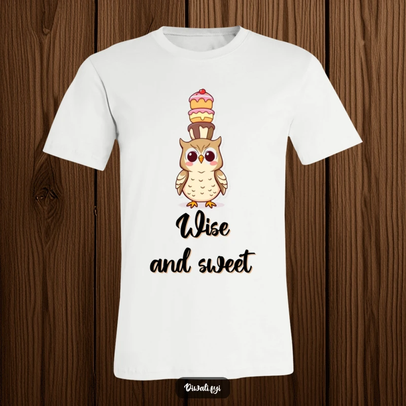 Funny t-shirt showing a happy owl concentrating hard while balancing a precarious tower of colorful sweet treats on its head.