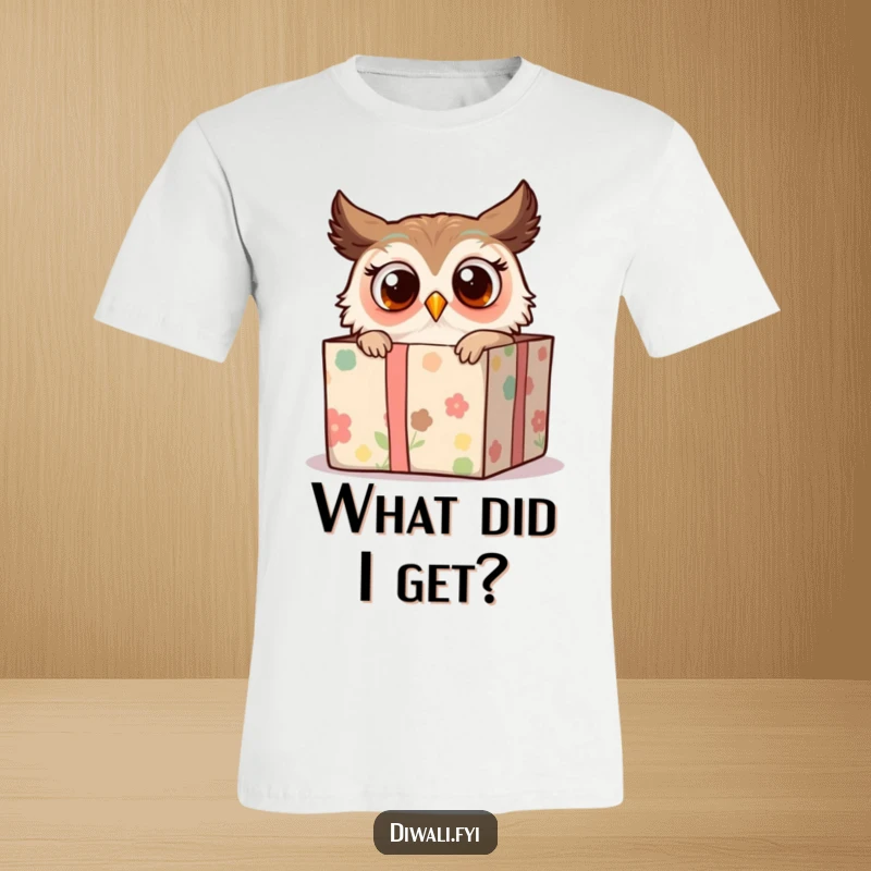 Funny t-shirt featuring a surprised owl peeking out from a brightly decorated gift box, looking endearingly bewildered and humorous.