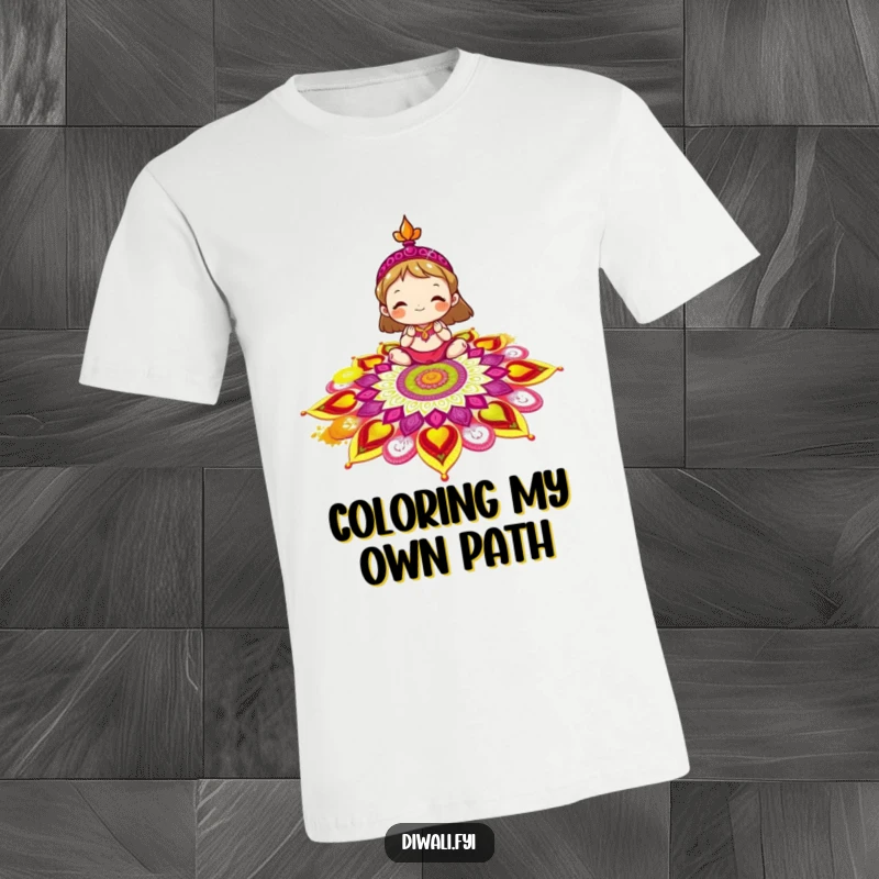 Funny rangoli t-shirt design featuring a delighted character meticulously decorating a colorful rangoli pattern with bright powder.