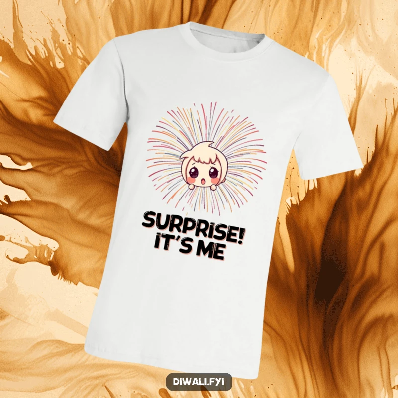 Funny character peeking with surprise from behind a vibrant, explosive fireworks burst, capturing shock.